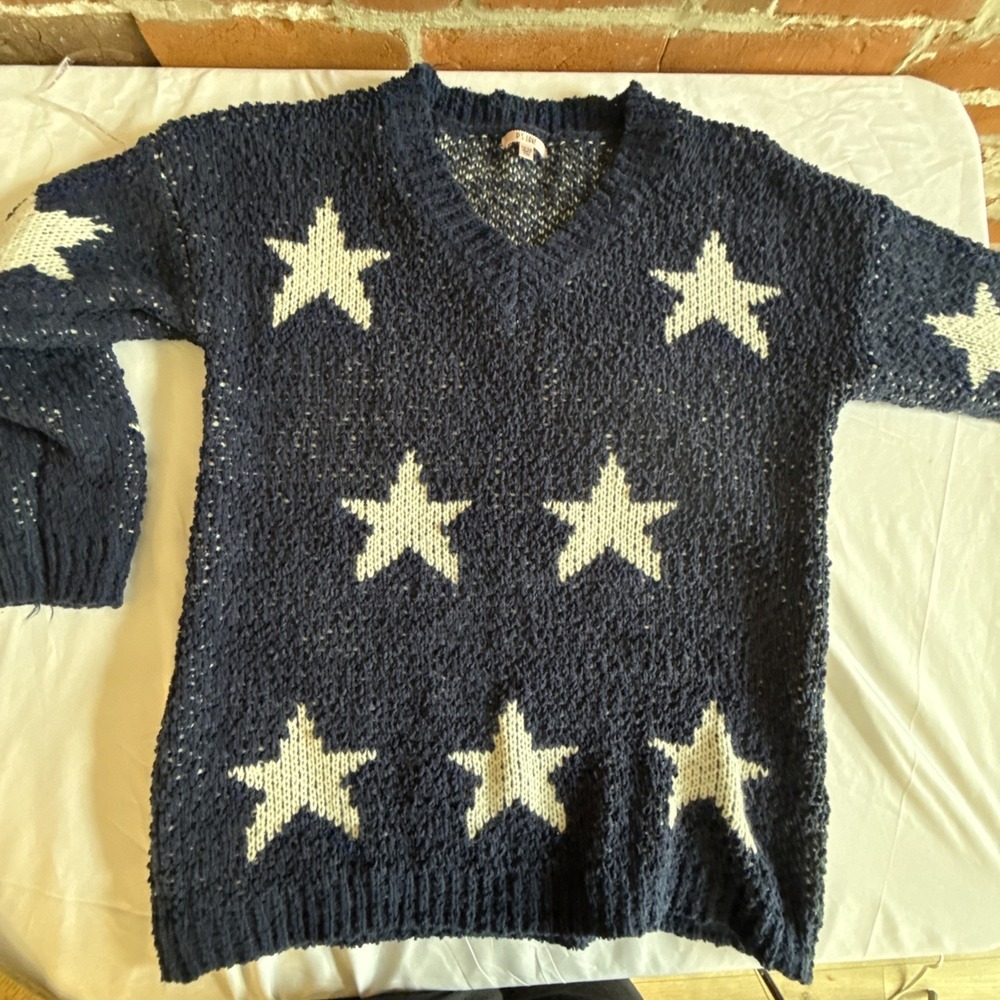 P.S. Love Star Knit Sweater Blue White Stars Woman's Xl 2x V Neck - Picture 10 of 10